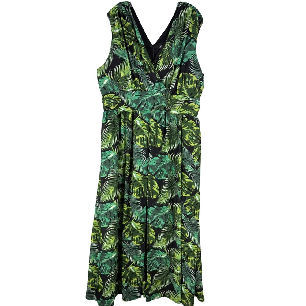 New York & Company Tropical Palm Leaf V-Neck Maxi Dress XXL Green Black 6052